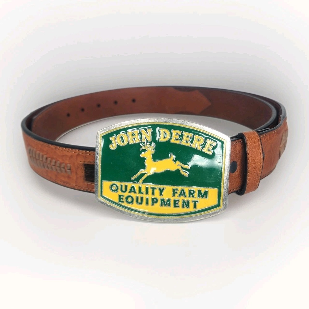 John Deere Leather Men's Belt‎ Size 46 Deer Logo Calf Hair Accents Green Yellow